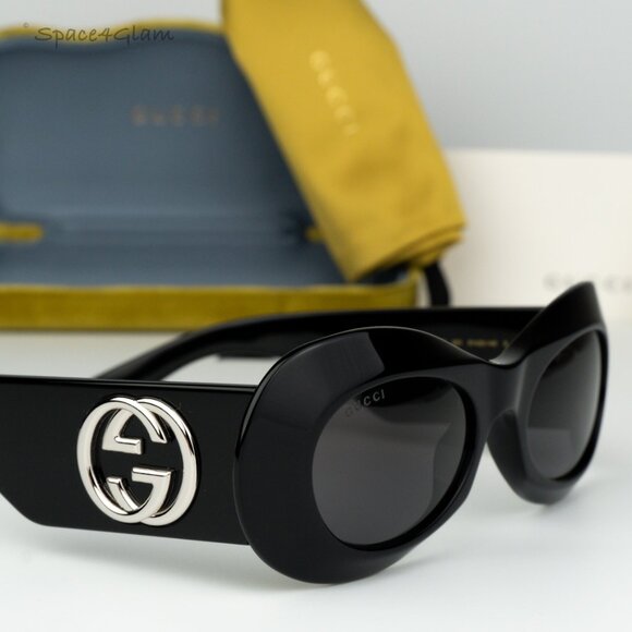 BRAND NEW Gucci GG1696S 001 Black Grey Women Oval Sunglasses GG 1696S - Picture 1 of 8